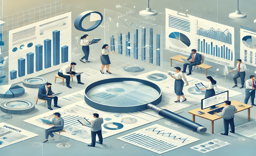 Illustration depicting the challenges in modern salary surveys, with business analysts working on data visualizations, charts, and financial documents.